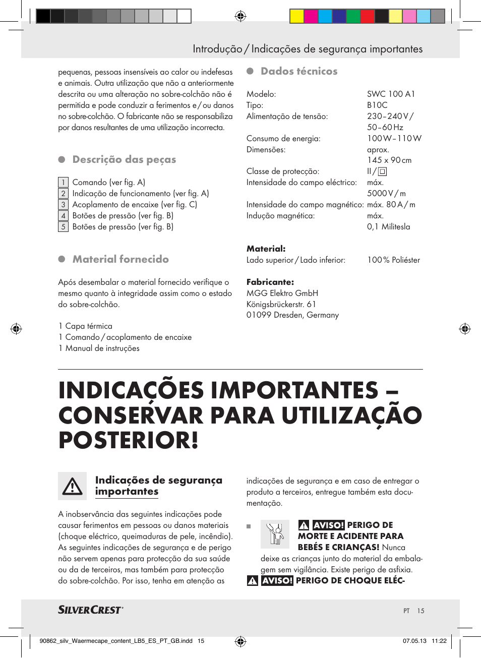Introdução / indicações de segurança importantes | Silvercrest SWC 100 A1 User Manual | Page 15 / 37