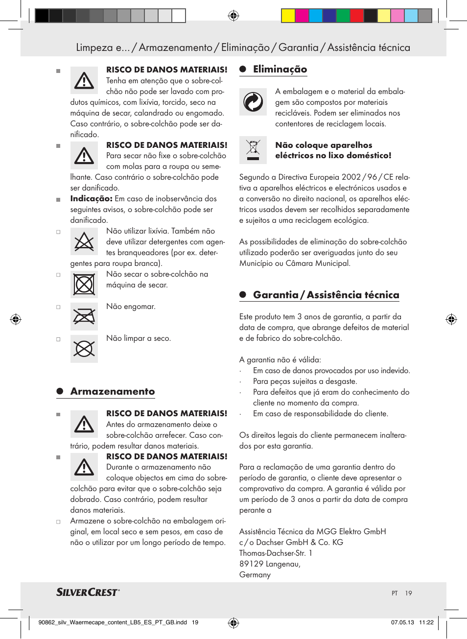 Armazenamento, Eliminação, Garantia / assistência técnica | Silvercrest SWC 100 A1 User Manual | Page 19 / 37