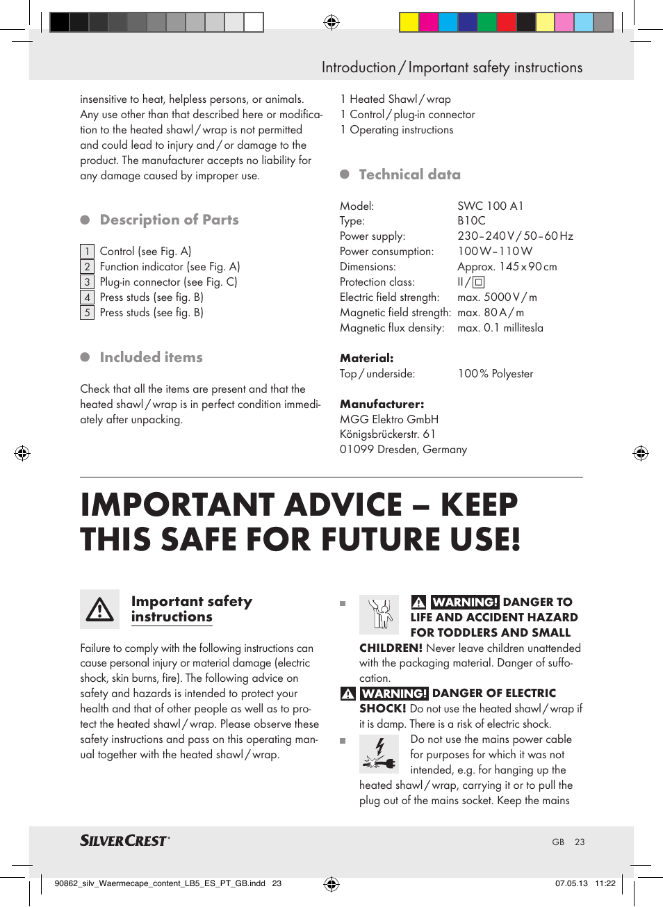Important advice – keep this safe for future use, Introduction / important safety instructions | Silvercrest SWC 100 A1 User Manual | Page 23 / 37
