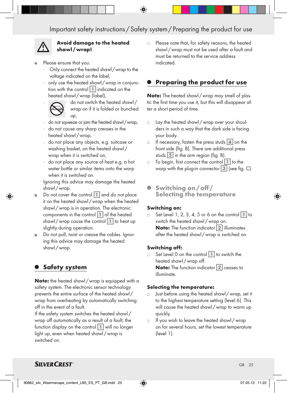 Safety system, Preparing the product for use, Switching on / off / selecting the temperature | Silvercrest SWC 100 A1 User Manual | Page 25 / 37