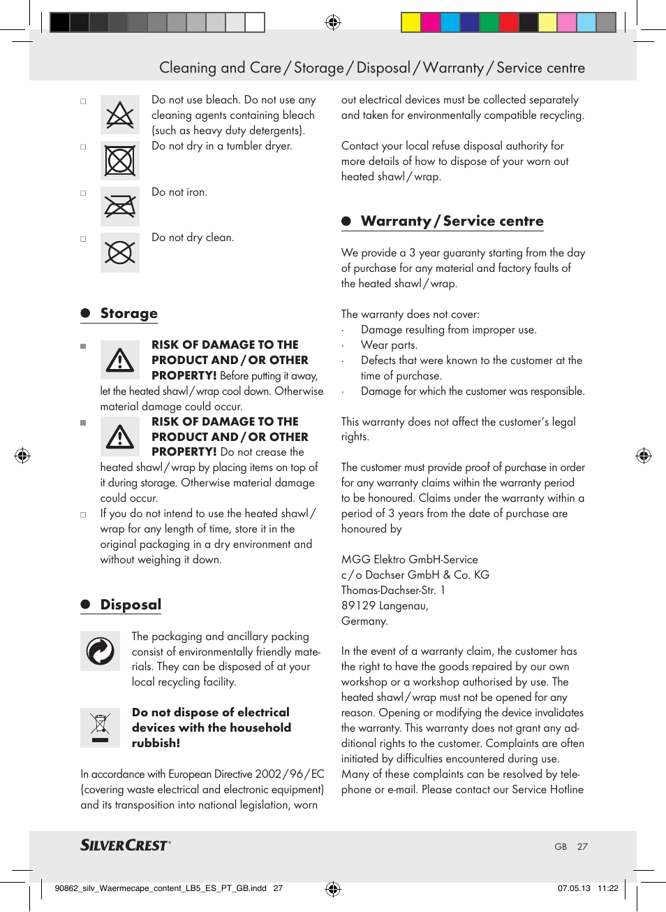 Storage, Disposal, Warranty / service centre | Silvercrest SWC 100 A1 User Manual | Page 27 / 37