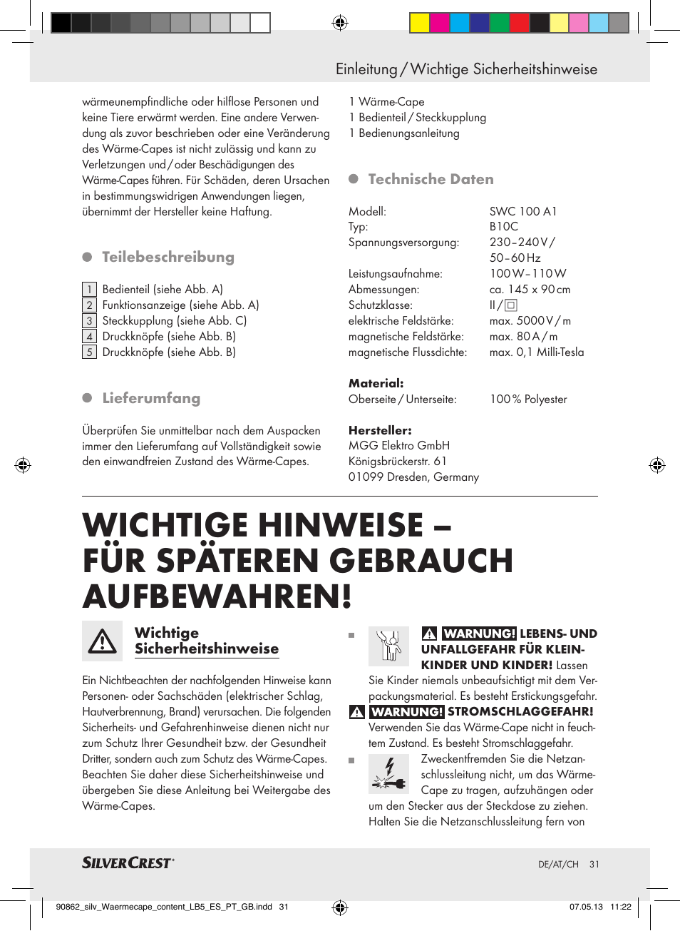Einleitung / wichtige sicherheitshinweise | Silvercrest SWC 100 A1 User Manual | Page 31 / 37