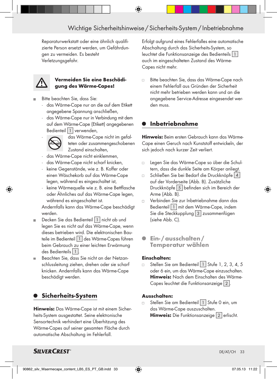 Sicherheits-system, Inbetriebnahme, Ein- / ausschalten / temperatur wählen | Silvercrest SWC 100 A1 User Manual | Page 33 / 37