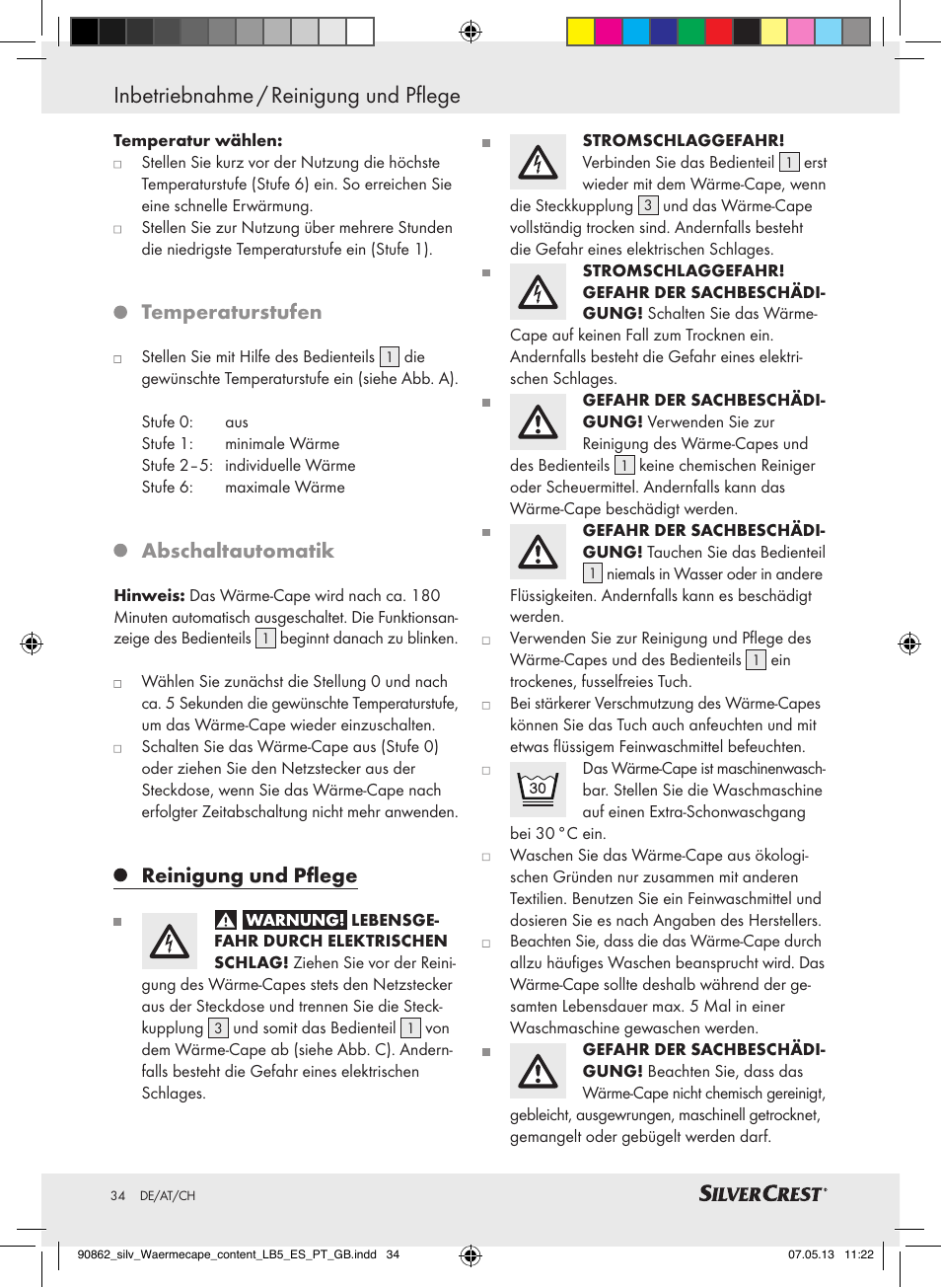 Inbetriebnahme / reinigung und pflege, Temperaturstufen, Abschaltautomatik | Reinigung und pflege | Silvercrest SWC 100 A1 User Manual | Page 34 / 37
