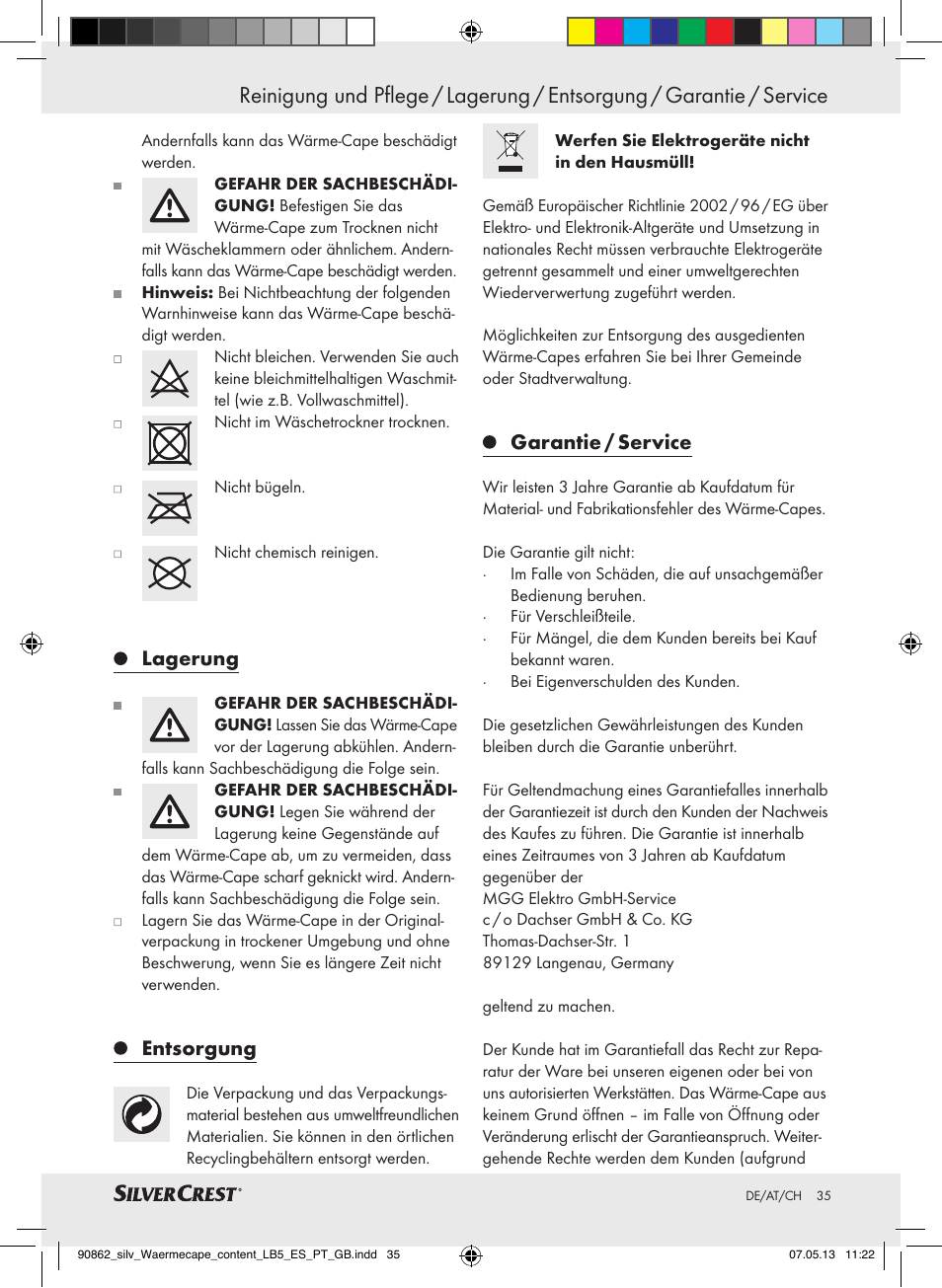 Lagerung, Entsorgung, Garantie / service | Silvercrest SWC 100 A1 User Manual | Page 35 / 37