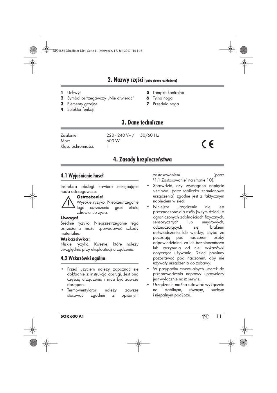 Nazwy części, Dane techniczne, Zasady bezpieczeństwa | 1 wyjaśnienie haseł, 2 wskazówki ogólne | Silvercrest SOR 600 A1 User Manual | Page 13 / 62