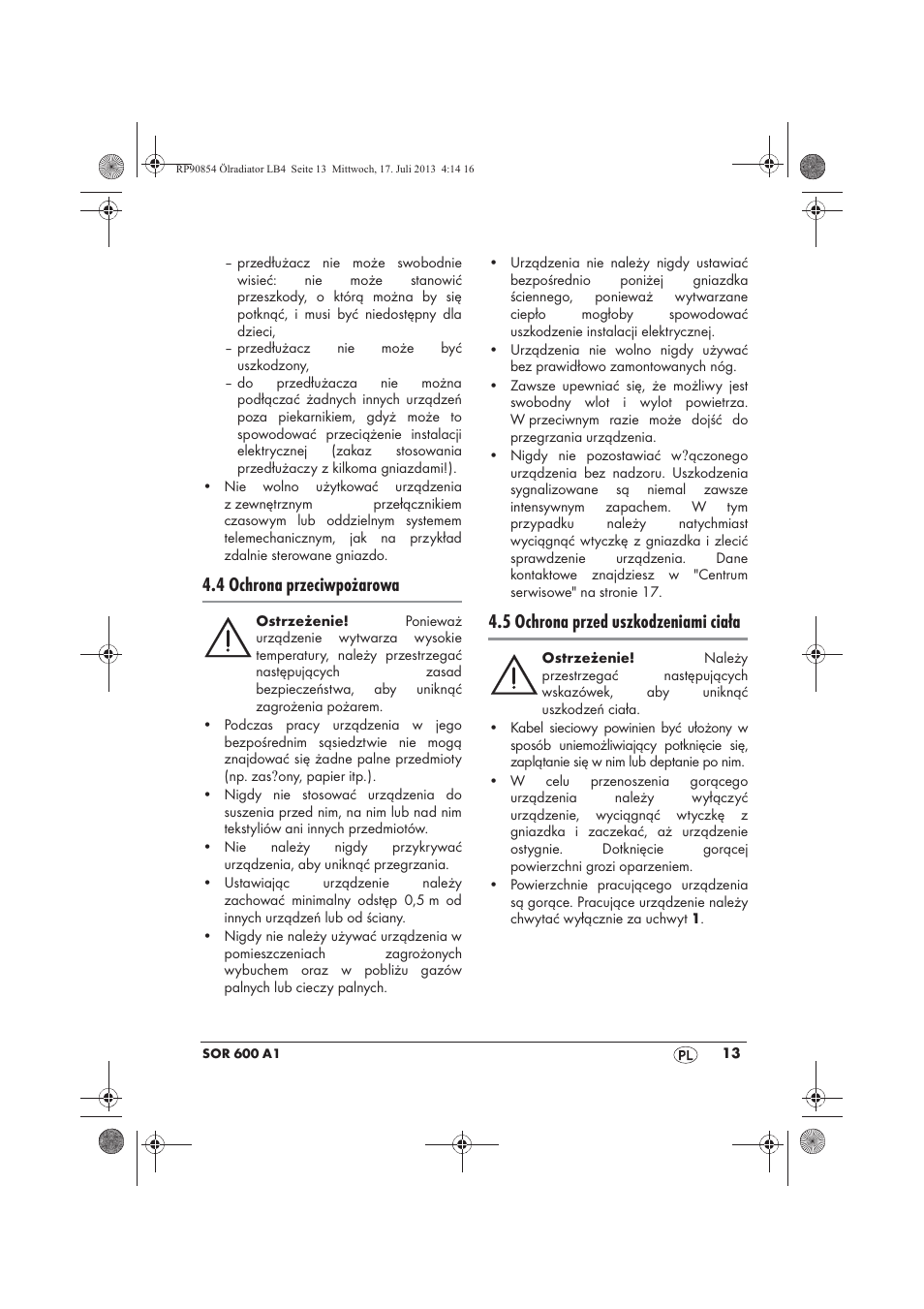 4 ochrona przeciwpożarowa, 5 ochrona przed uszkodzeniami ciała | Silvercrest SOR 600 A1 User Manual | Page 15 / 62