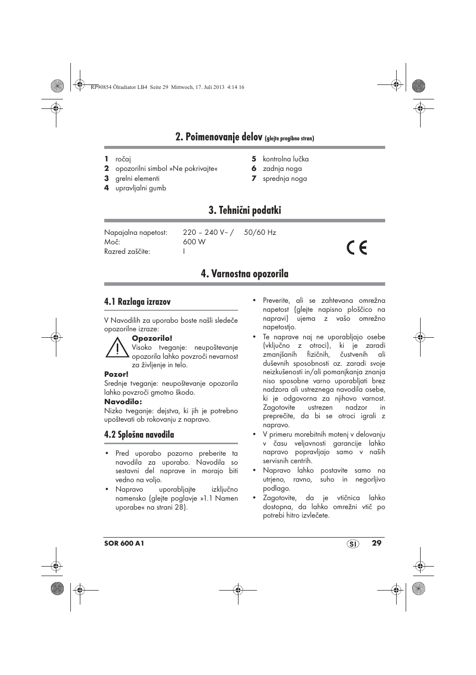 Poimenovanje delov, Tehnični podatki, Varnostna opozorila | 1 razlaga izrazov, 2 splošna navodila | Silvercrest SOR 600 A1 User Manual | Page 31 / 62
