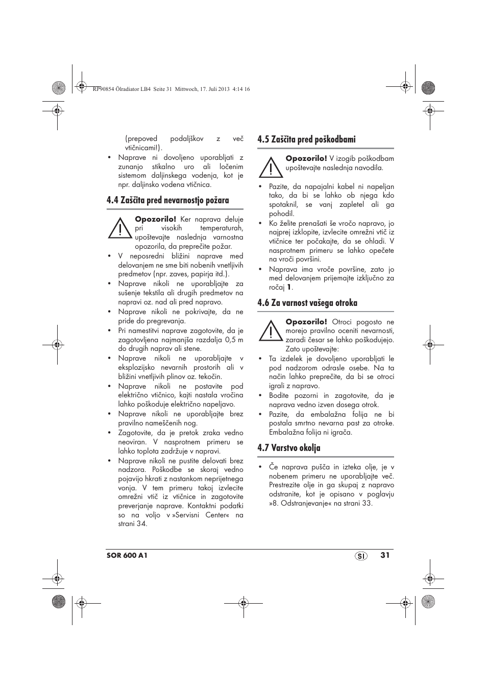 4 zaščita pred nevarnostjo požara, 5 zaščita pred poškodbami, 6 za varnost vašega otroka | 7 varstvo okolja | Silvercrest SOR 600 A1 User Manual | Page 33 / 62