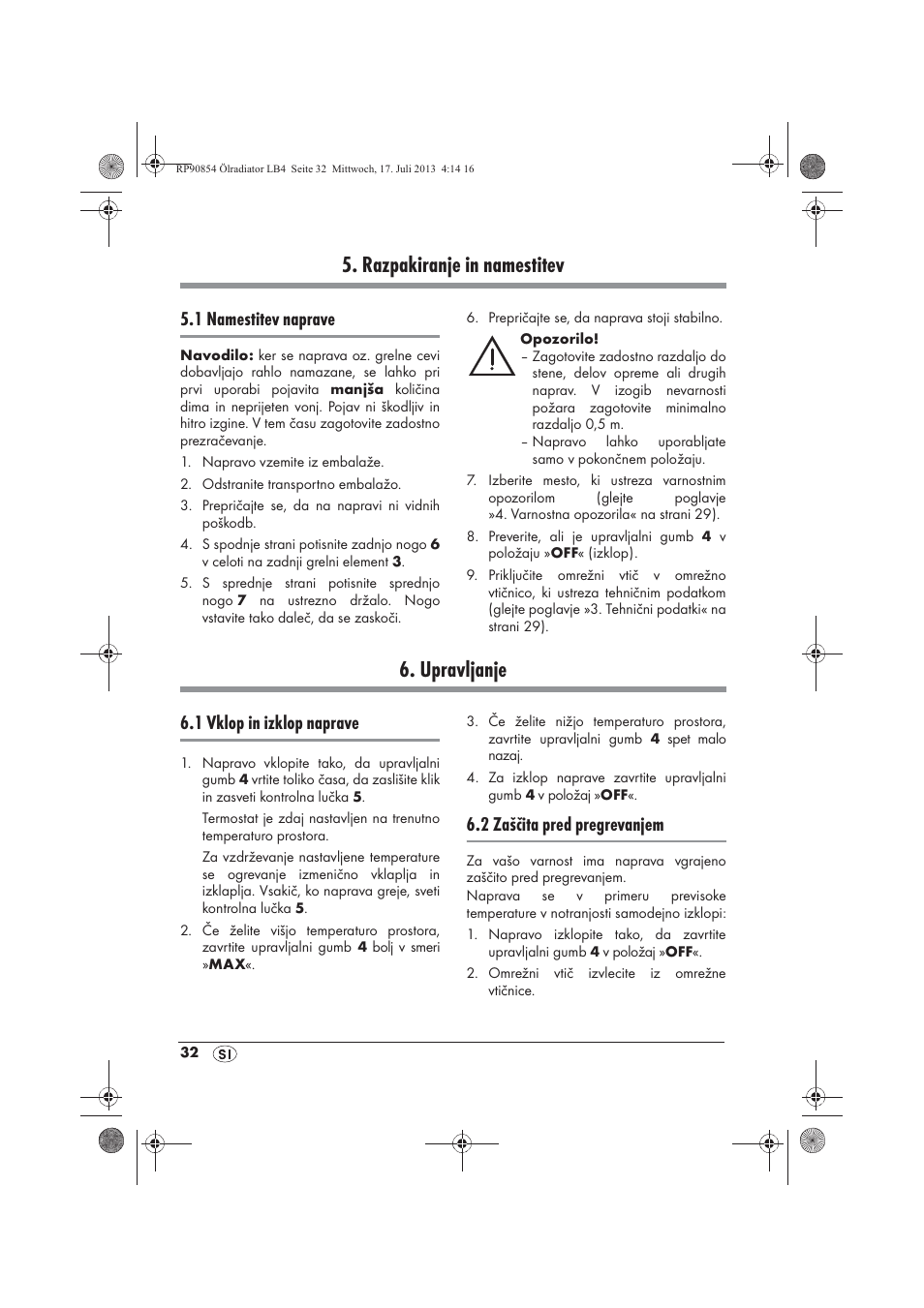 Razpakiranje in namestitev, Upravljanje, 1 namestitev naprave | 1 vklop in izklop naprave, 2 zaščita pred pregrevanjem | Silvercrest SOR 600 A1 User Manual | Page 34 / 62