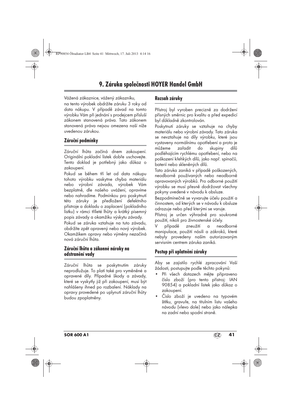 Záruka společnosti hoyer handel gmbh | Silvercrest SOR 600 A1 User Manual | Page 43 / 62