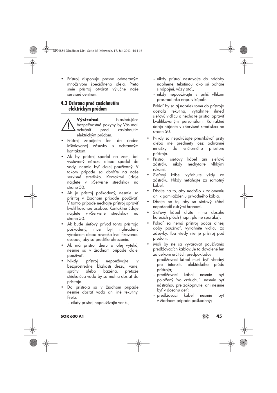 3 ochrana pred zasiahnutím elektrickým prúdom | Silvercrest SOR 600 A1 User Manual | Page 47 / 62