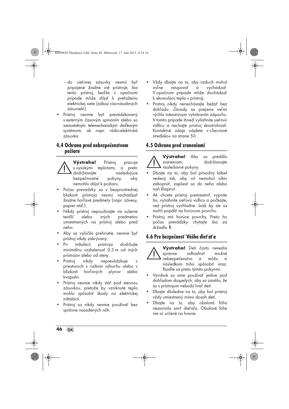 4 ochrana pred nebezpečenstvom požiaru, 5 ochrana pred zraneniami, 6 pre bezpečnosť vášho dieťaťa | Silvercrest SOR 600 A1 User Manual | Page 48 / 62