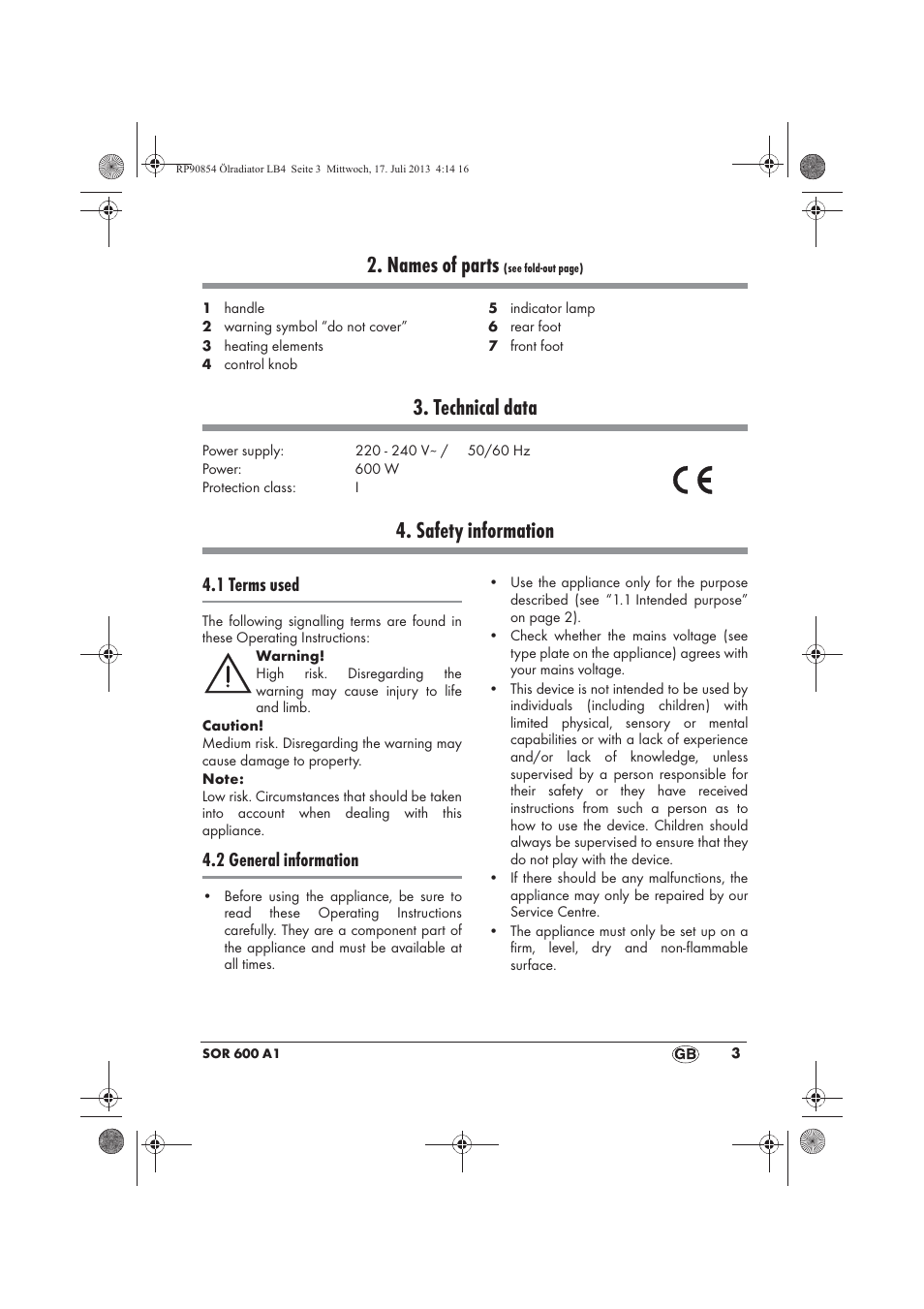 Names of parts, Technical data, Safety information | 1 terms used, 2 general information | Silvercrest SOR 600 A1 User Manual | Page 5 / 62