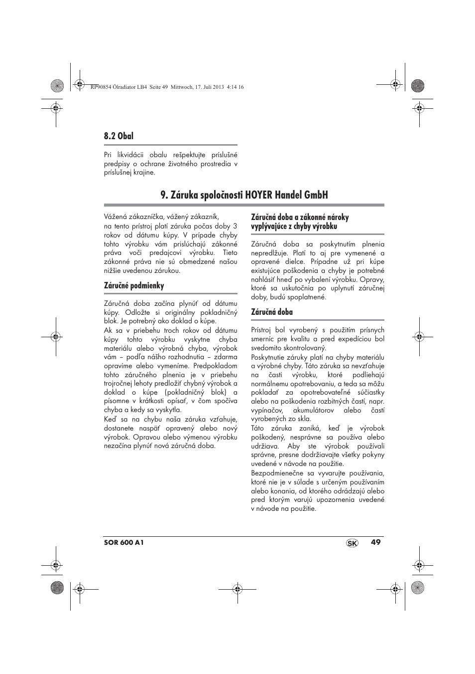 Záruka spoločnosti hoyer handel gmbh | Silvercrest SOR 600 A1 User Manual | Page 51 / 62