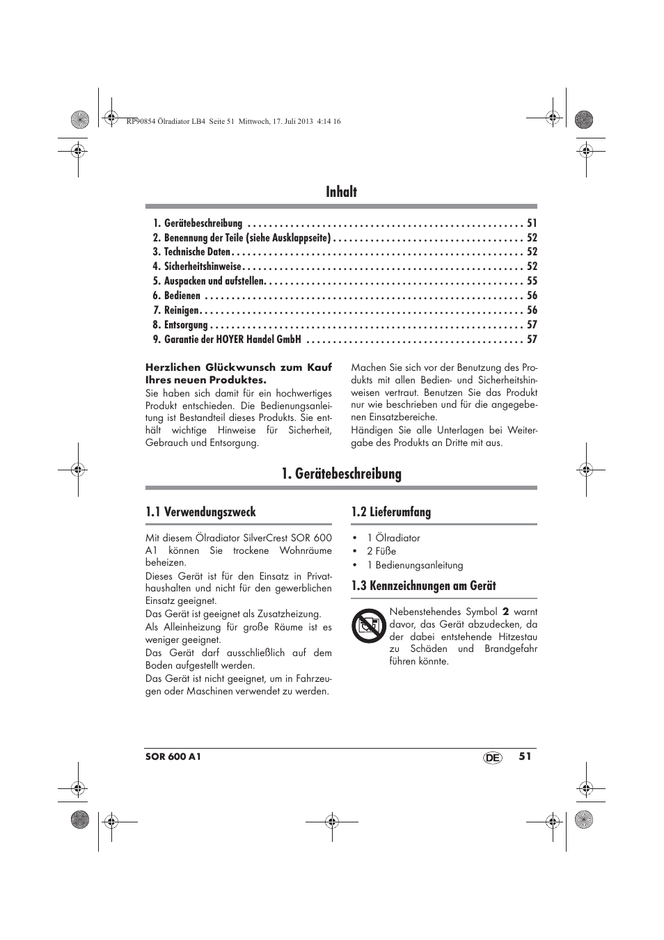 Inhalt, Gerätebeschreibung | Silvercrest SOR 600 A1 User Manual | Page 53 / 62