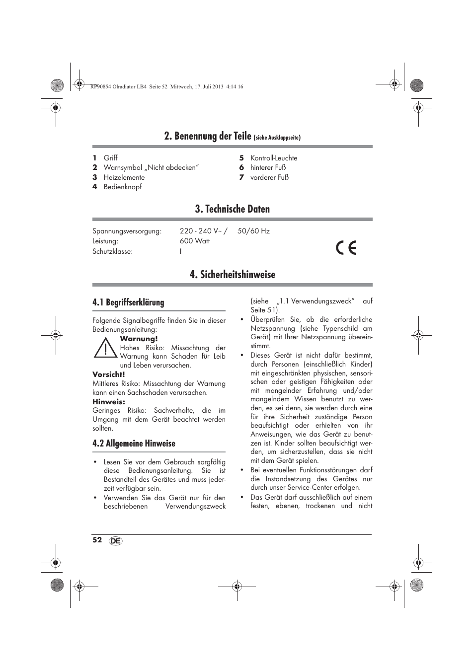 Benennung der teile, Technische daten, Sicherheitshinweise | 1 begriffserklärung, 2 allgemeine hinweise | Silvercrest SOR 600 A1 User Manual | Page 54 / 62