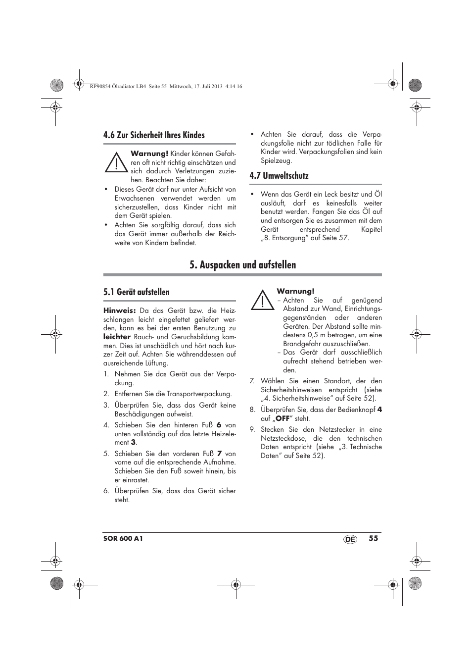 Auspacken und aufstellen, 6 zur sicherheit ihres kindes, 7 umweltschutz | 1 gerät aufstellen | Silvercrest SOR 600 A1 User Manual | Page 57 / 62