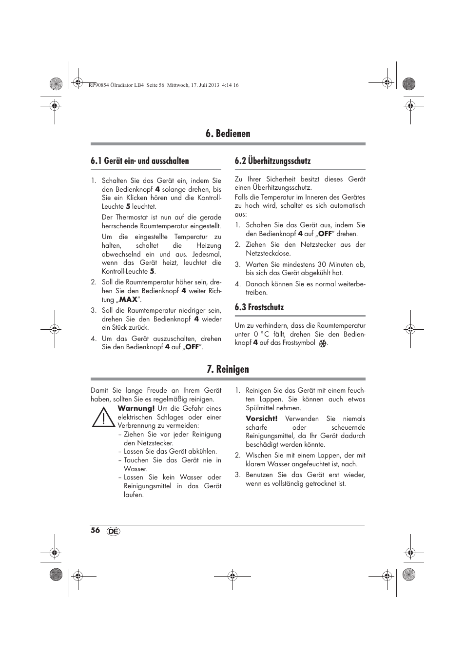 Bedienen, Reinigen, 1 gerät ein- und ausschalten | 2 überhitzungsschutz, 3 frostschutz | Silvercrest SOR 600 A1 User Manual | Page 58 / 62