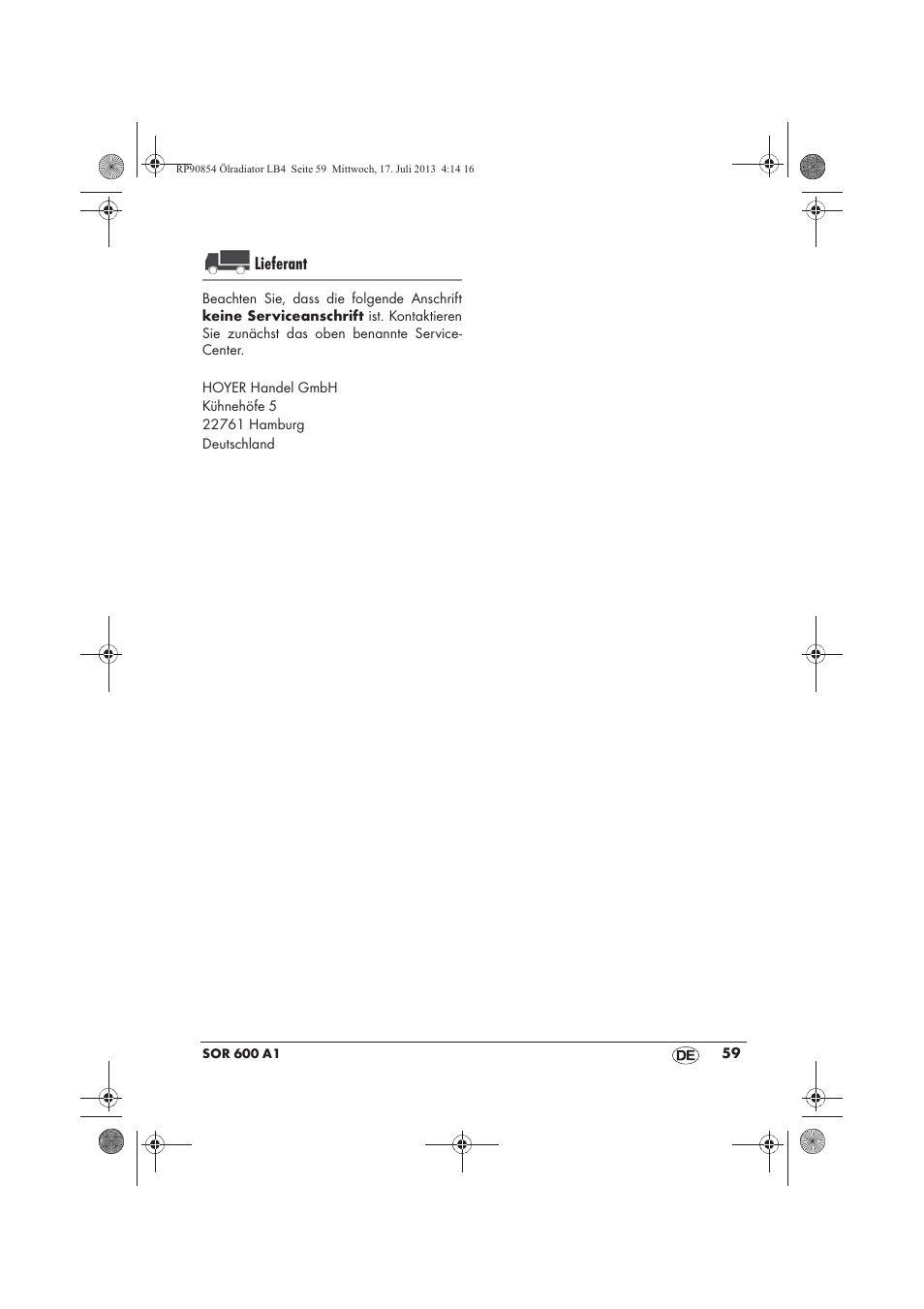 Lieferant | Silvercrest SOR 600 A1 User Manual | Page 61 / 62