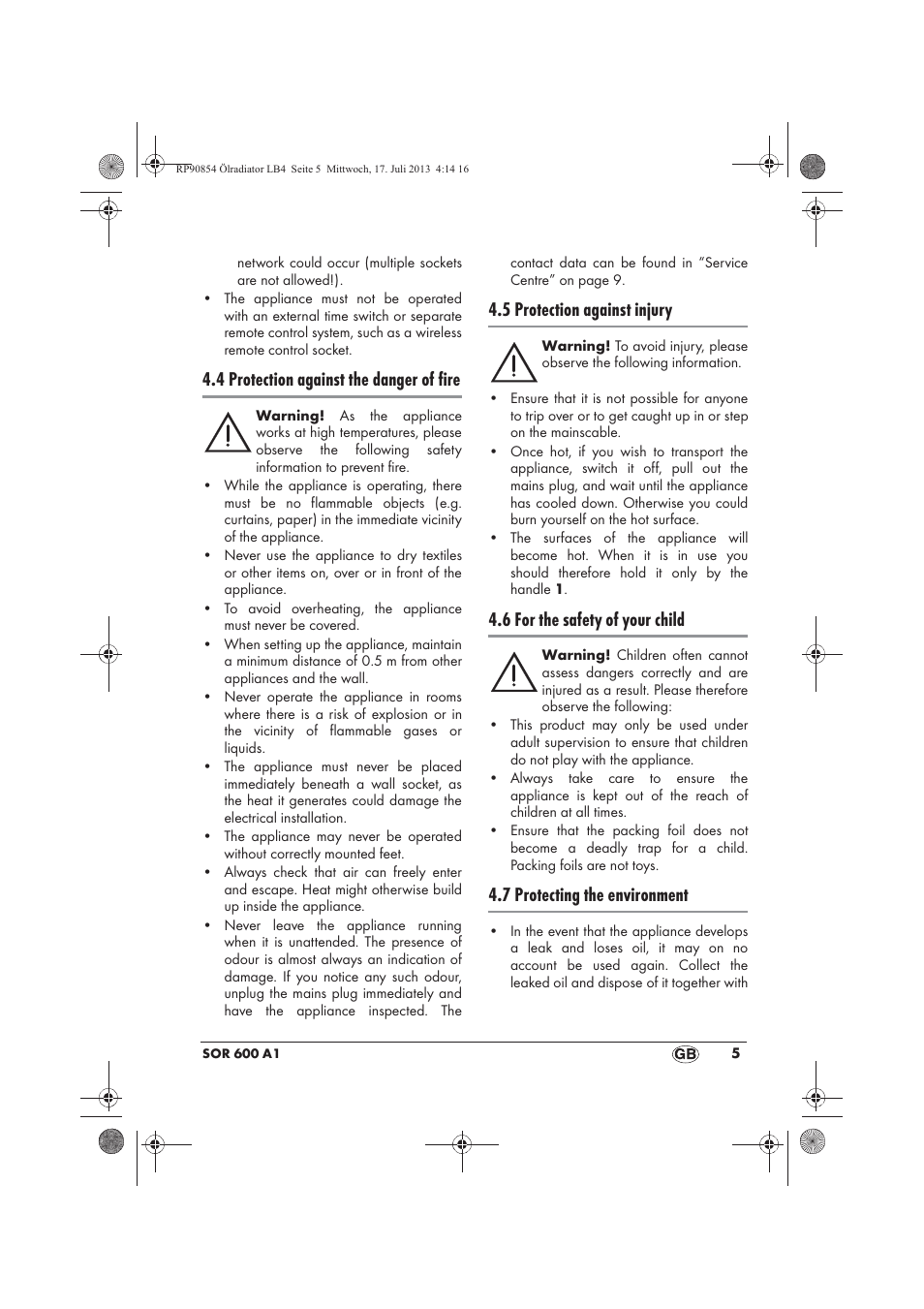 4 protection against the danger of fire, 5 protection against injury, 6 for the safety of your child | 7 protecting the environment | Silvercrest SOR 600 A1 User Manual | Page 7 / 62