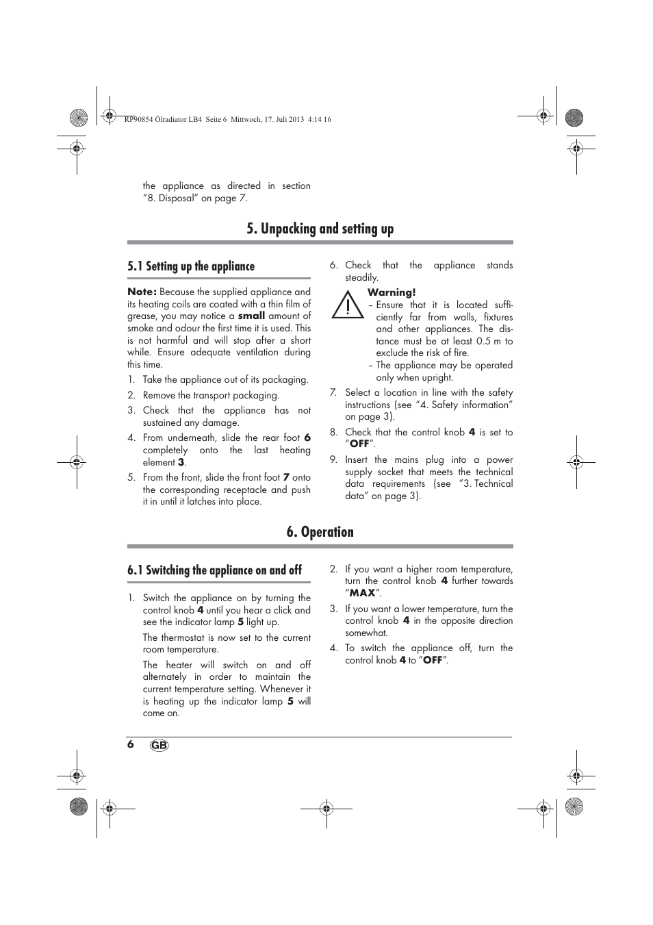 Unpacking and setting up, Operation, 1 setting up the appliance | 1 switching the appliance on and off | Silvercrest SOR 600 A1 User Manual | Page 8 / 62