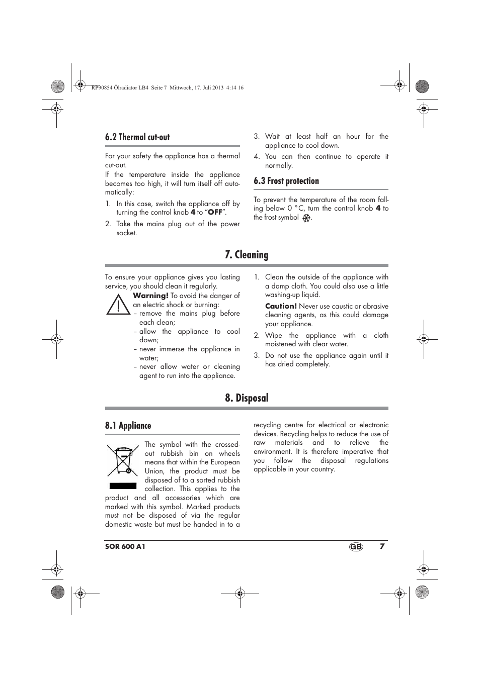 Cleaning, Disposal, 2 thermal cut-out | 3 frost protection, 1 appliance | Silvercrest SOR 600 A1 User Manual | Page 9 / 62