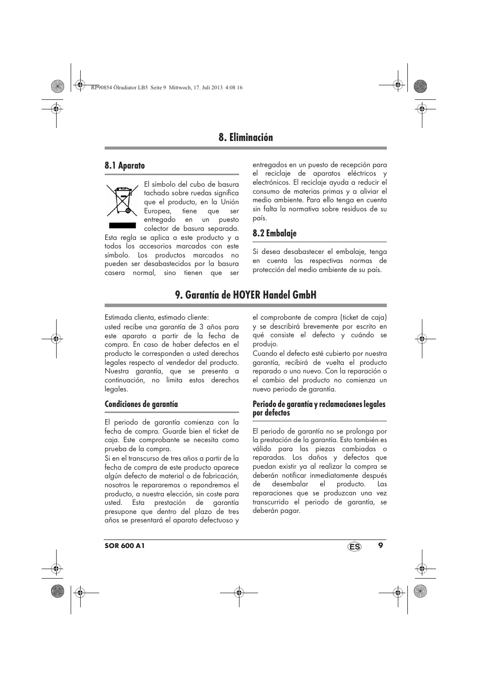 Eliminación, Garantía de hoyer handel gmbh | Silvercrest SOR 600 A1 User Manual | Page 11 / 50