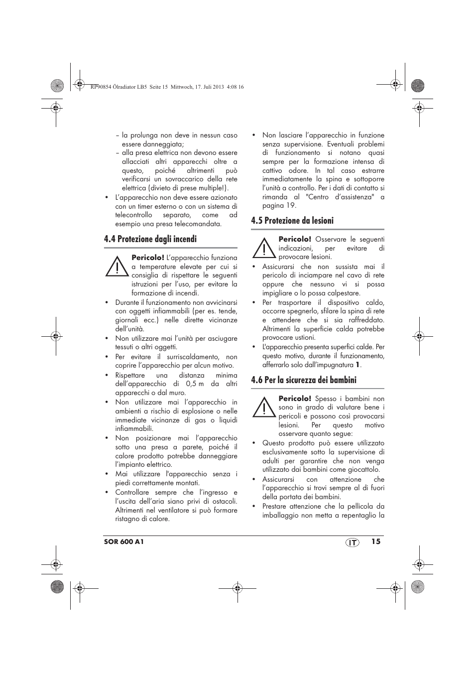 4 protezione dagli incendi, 5 protezione da lesioni, 6 per la sicurezza dei bambini | Silvercrest SOR 600 A1 User Manual | Page 17 / 50