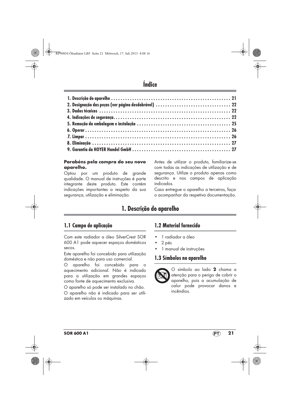 Índice, Descrição do aparelho | Silvercrest SOR 600 A1 User Manual | Page 23 / 50