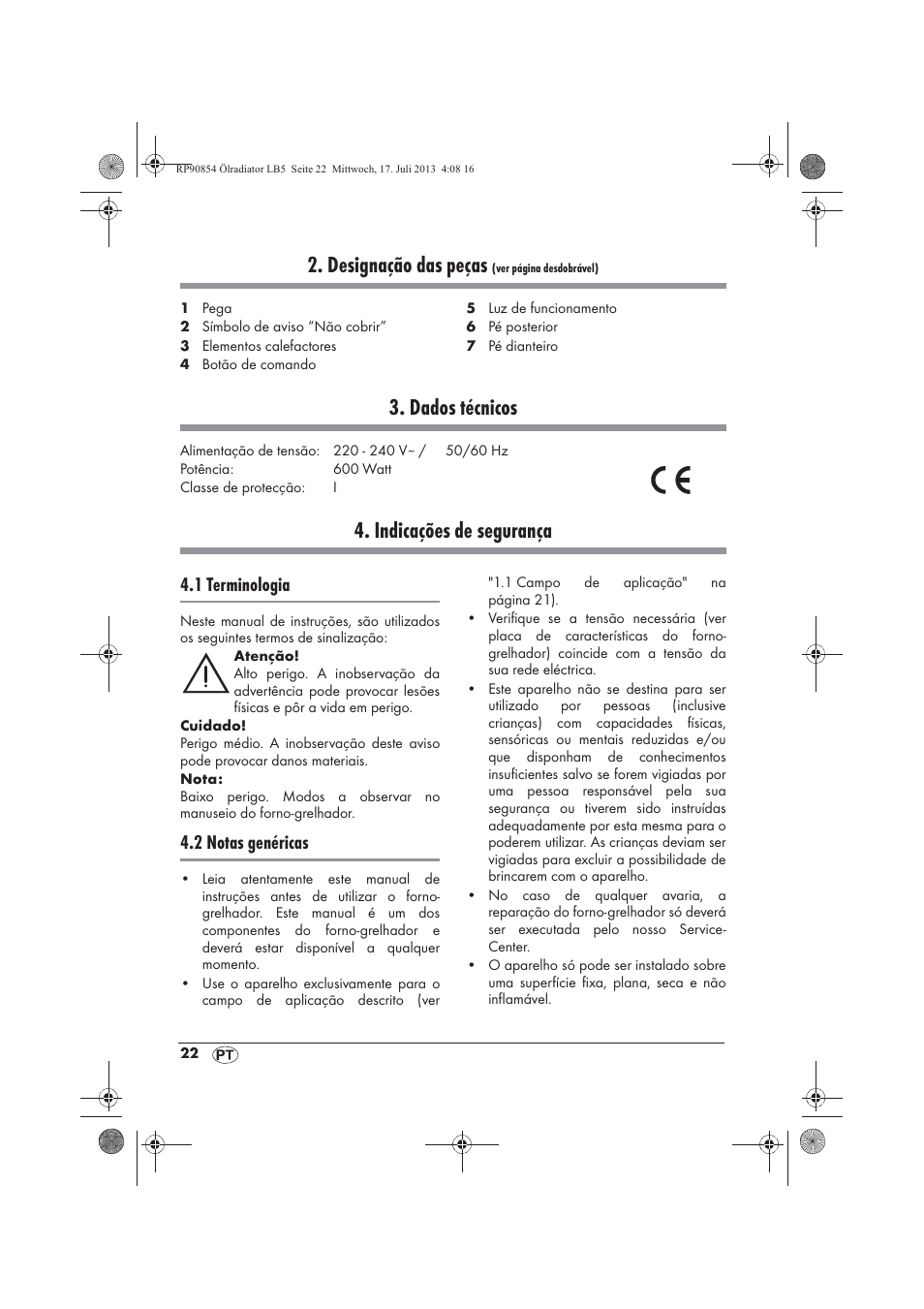 Designação das peças, Dados técnicos, Indicações de segurança | 1 terminologia, 2 notas genéricas | Silvercrest SOR 600 A1 User Manual | Page 24 / 50