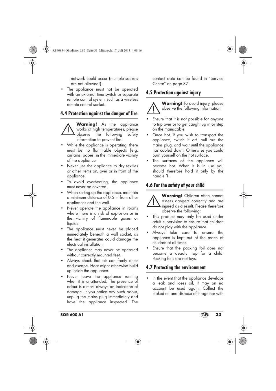 4 protection against the danger of fire, 5 protection against injury, 6 for the safety of your child | 7 protecting the environment | Silvercrest SOR 600 A1 User Manual | Page 35 / 50