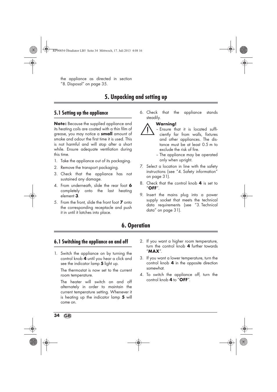 Unpacking and setting up, Operation, 1 setting up the appliance | 1 switching the appliance on and off | Silvercrest SOR 600 A1 User Manual | Page 36 / 50