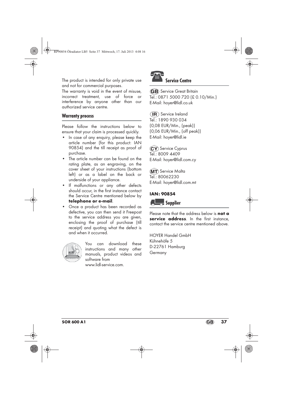 Warranty process, Service centre, Supplier | Silvercrest SOR 600 A1 User Manual | Page 39 / 50