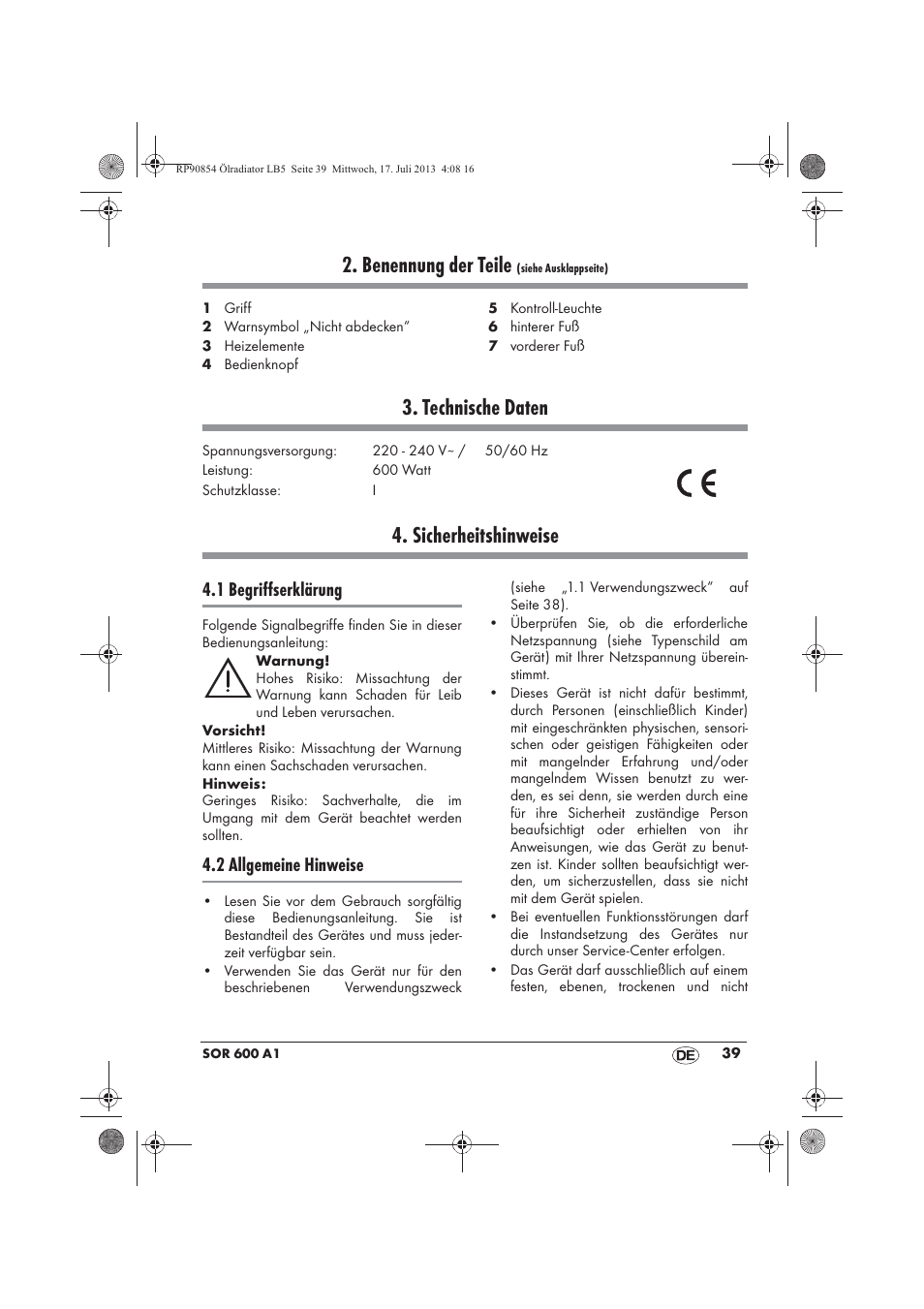 Benennung der teile, Technische daten, Sicherheitshinweise | 1 begriffserklärung, 2 allgemeine hinweise | Silvercrest SOR 600 A1 User Manual | Page 41 / 50