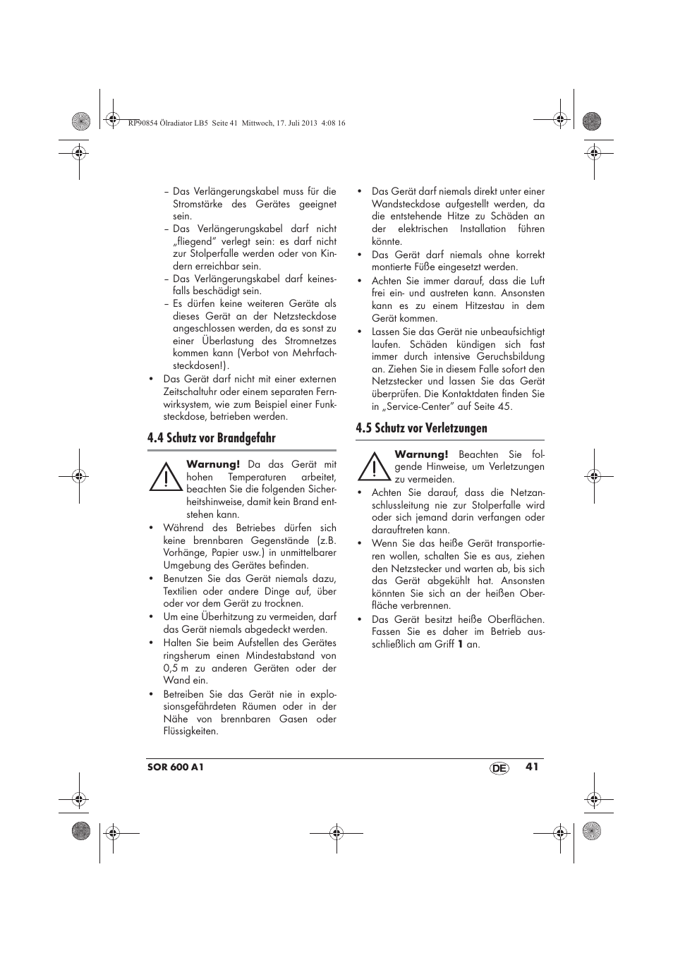 4 schutz vor brandgefahr, 5 schutz vor verletzungen | Silvercrest SOR 600 A1 User Manual | Page 43 / 50