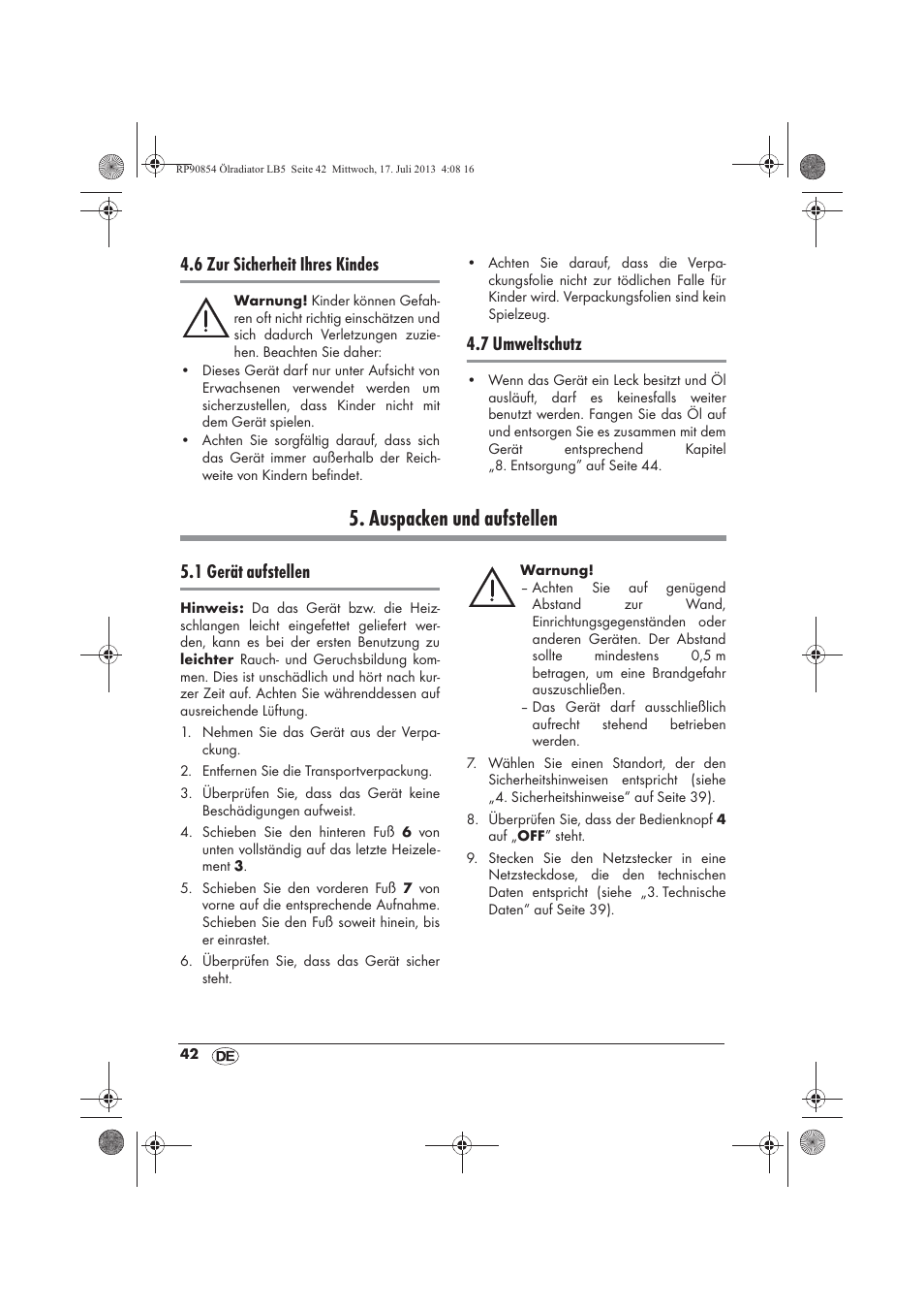 Auspacken und aufstellen, 6 zur sicherheit ihres kindes, 7 umweltschutz | 1 gerät aufstellen | Silvercrest SOR 600 A1 User Manual | Page 44 / 50