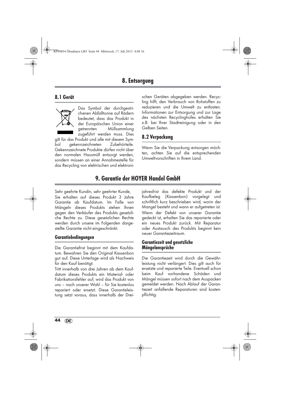 Entsorgung, Garantie der hoyer handel gmbh | Silvercrest SOR 600 A1 User Manual | Page 46 / 50