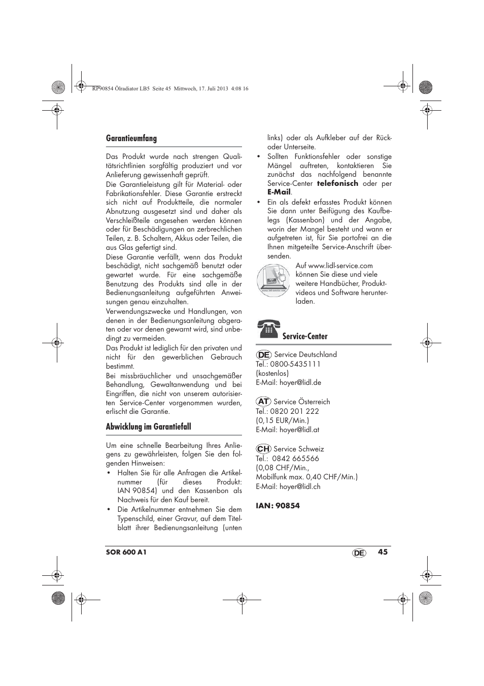 Garantieumfang, Abwicklung im garantiefall, Service-center | Silvercrest SOR 600 A1 User Manual | Page 47 / 50