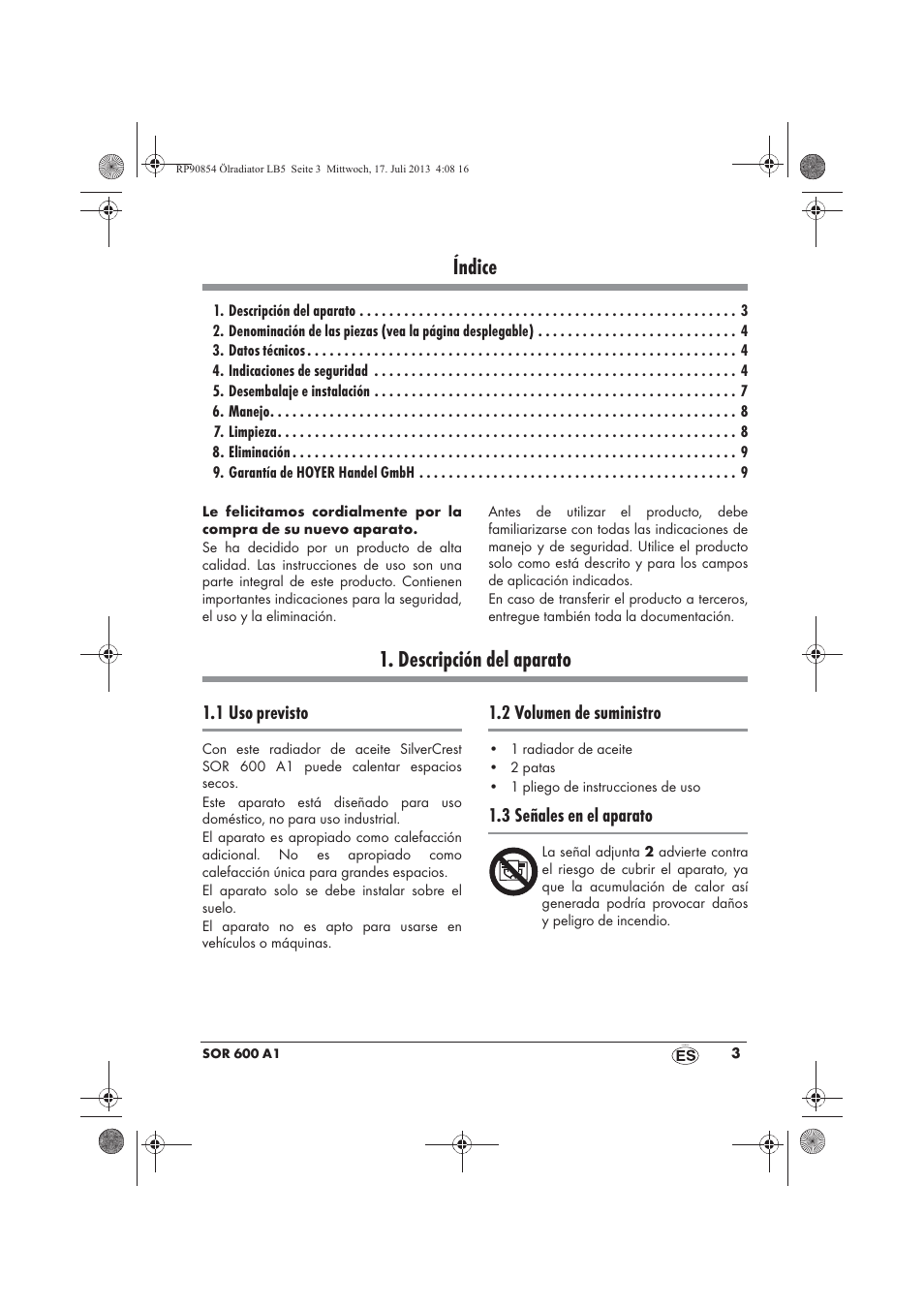 Índice, Descripción del aparato | Silvercrest SOR 600 A1 User Manual | Page 5 / 50