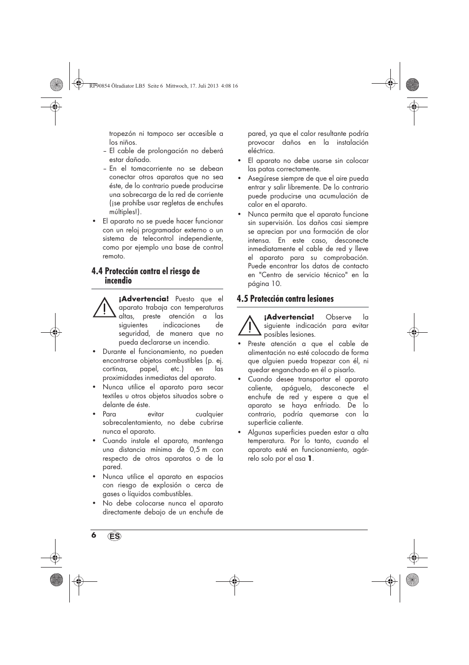4 protección contra el riesgo de incendio, 5 protección contra lesiones | Silvercrest SOR 600 A1 User Manual | Page 8 / 50