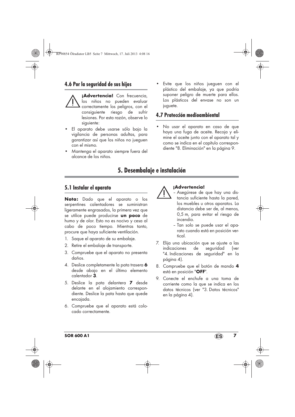 Desembalaje e instalación, 6 por la seguridad de sus hijos, 7 protección medioambiental | 1 instalar el aparato | Silvercrest SOR 600 A1 User Manual | Page 9 / 50
