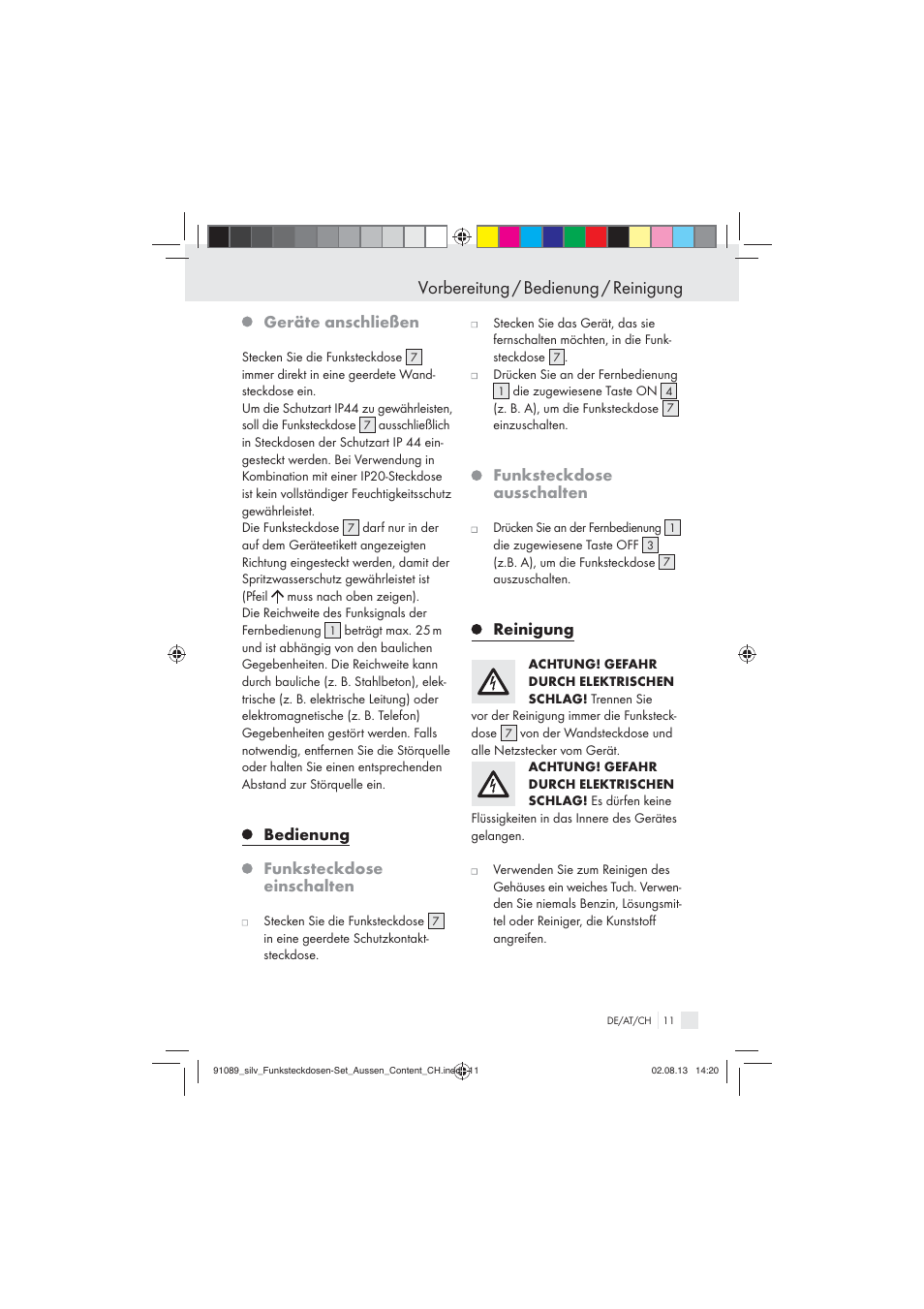 Vorbereitung / bedienung / reinigung, Geräte anschließen, Bedienung funksteckdose einschalten | Funksteckdose ausschalten, Reinigung | Silvercrest WIRELESS SOCKET SET User Manual | Page 11 / 45