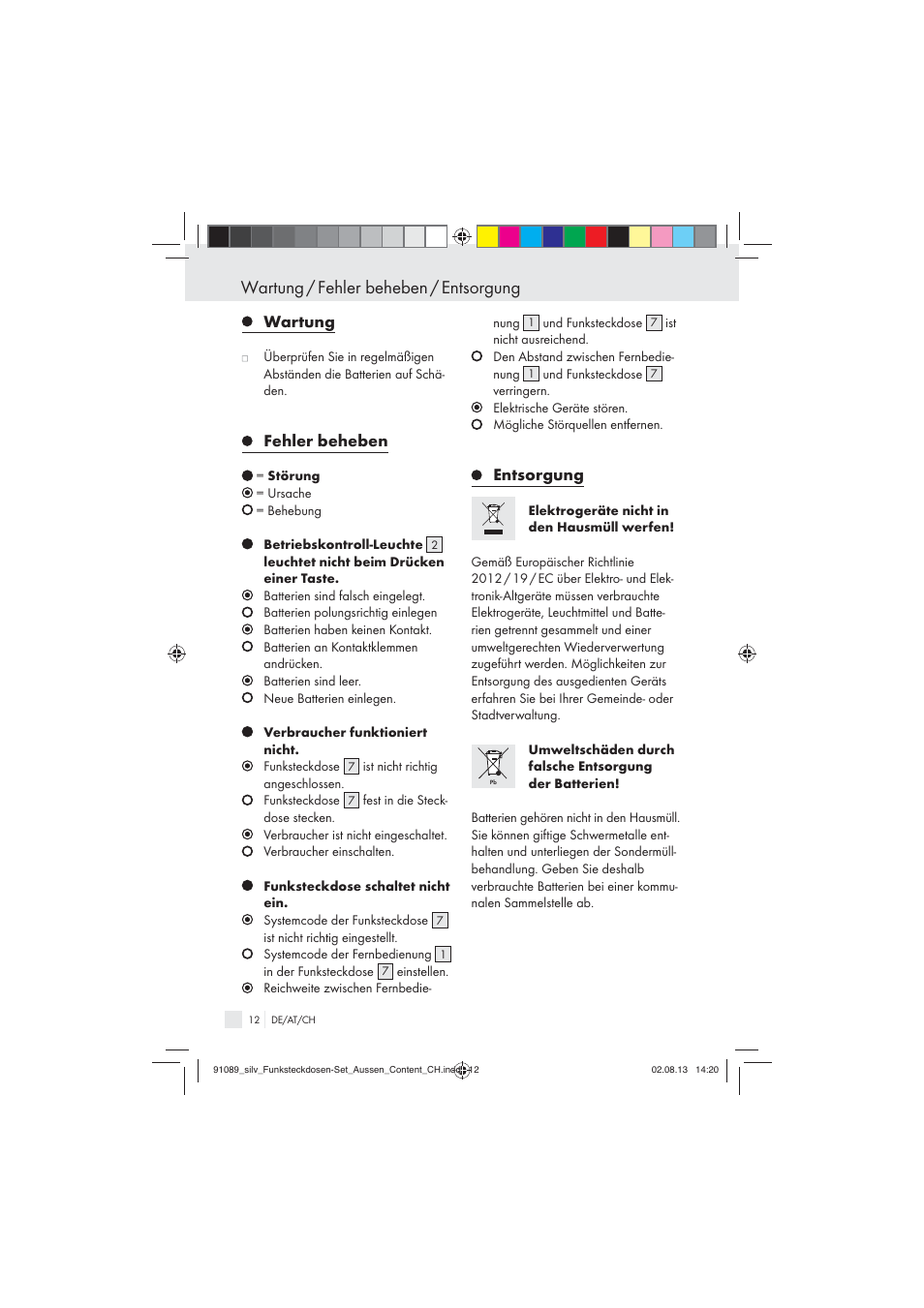 Wartung / fehler beheben / entsorgung, Wartung, Fehler beheben | Entsorgung | Silvercrest WIRELESS SOCKET SET User Manual | Page 12 / 45