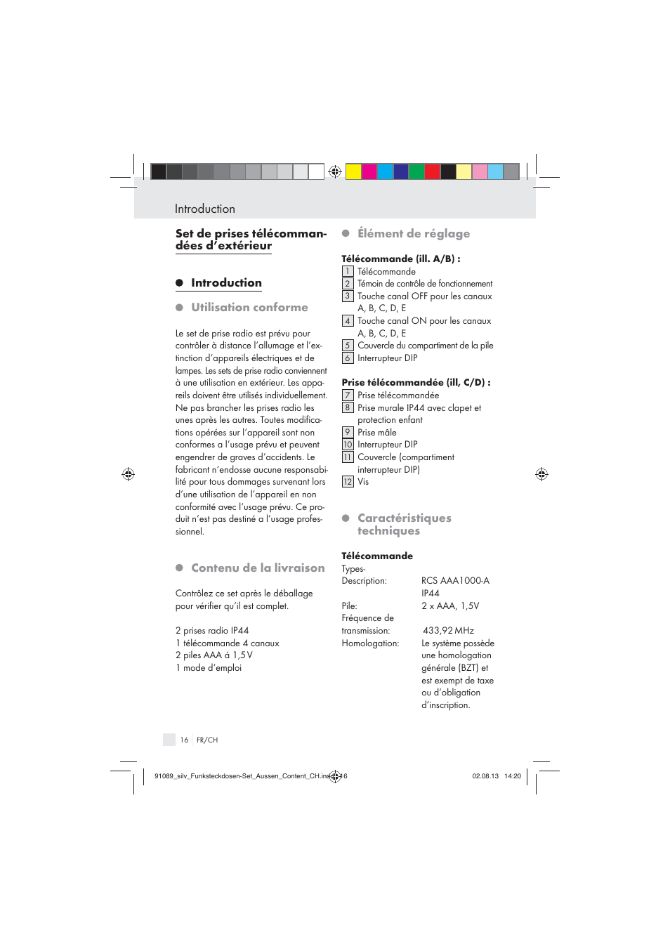 Introduction, Contenu de la livraison, Élément de réglage | Caractéristiques techniques | Silvercrest WIRELESS SOCKET SET User Manual | Page 16 / 45