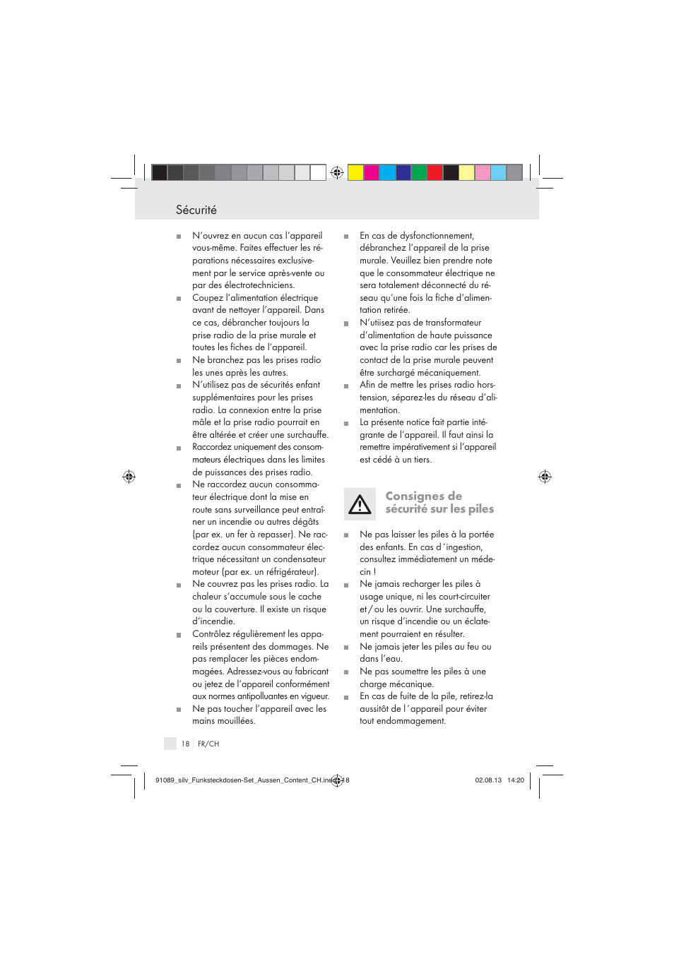 Sécurité, Consignes de sécurité sur les piles | Silvercrest WIRELESS SOCKET SET User Manual | Page 18 / 45