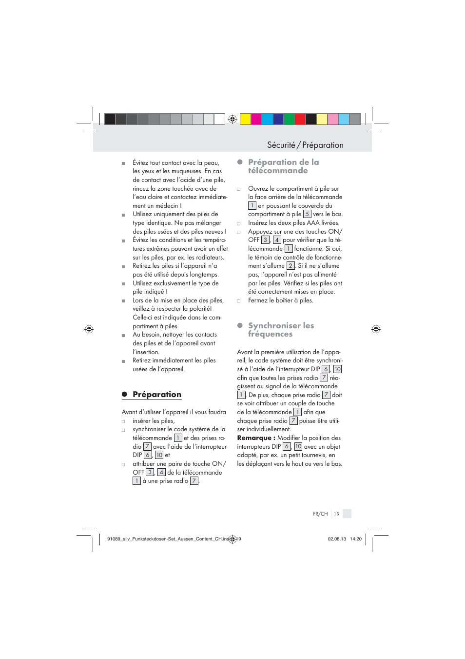 Sécurité / préparation, Préparation, Préparation de la télécommande | Synchroniser les fréquences | Silvercrest WIRELESS SOCKET SET User Manual | Page 19 / 45