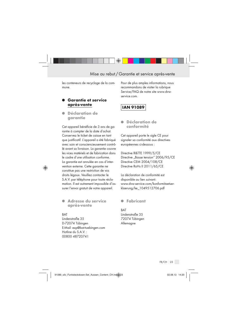 Mise au rebut / garantie et service après-vente, Adresse du service après-vente, Fabricant | Silvercrest WIRELESS SOCKET SET User Manual | Page 23 / 45