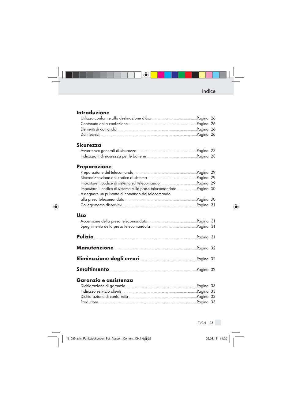 Indice, Introduzione, Sicurezza | Preparazione, Pulizia, Manutenzione, Eliminazione degli errori, Smaltimento, Garanzia e assistenza | Silvercrest WIRELESS SOCKET SET User Manual | Page 25 / 45