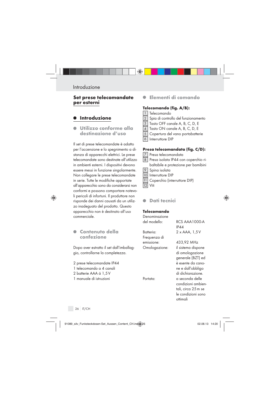 Introduzione, Contenuto della confezione, Elementi di comando | Dati tecnici | Silvercrest WIRELESS SOCKET SET User Manual | Page 26 / 45